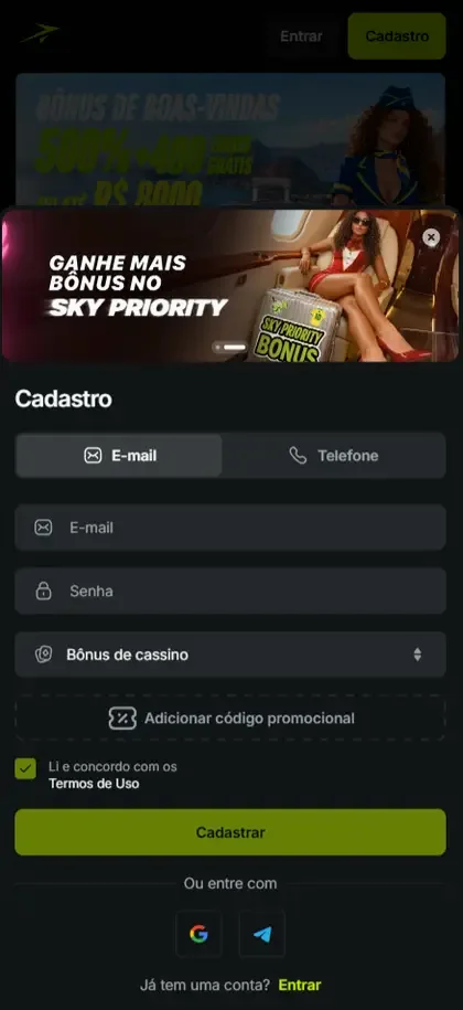 Interface relacionada a Criar conta