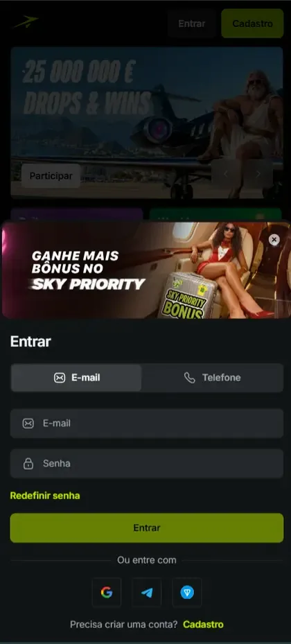 Interface relacionada a Login e conta