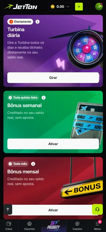 Interface relacionada a Bônus de boas-vindas